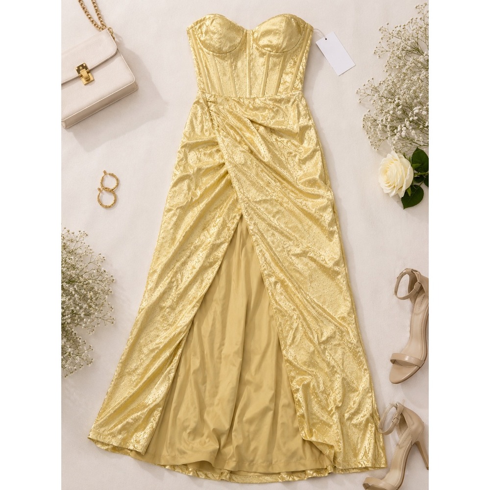 Witness of Love Gold Shimmer Corset Maxi Dress High Slit Formal Gown NWT